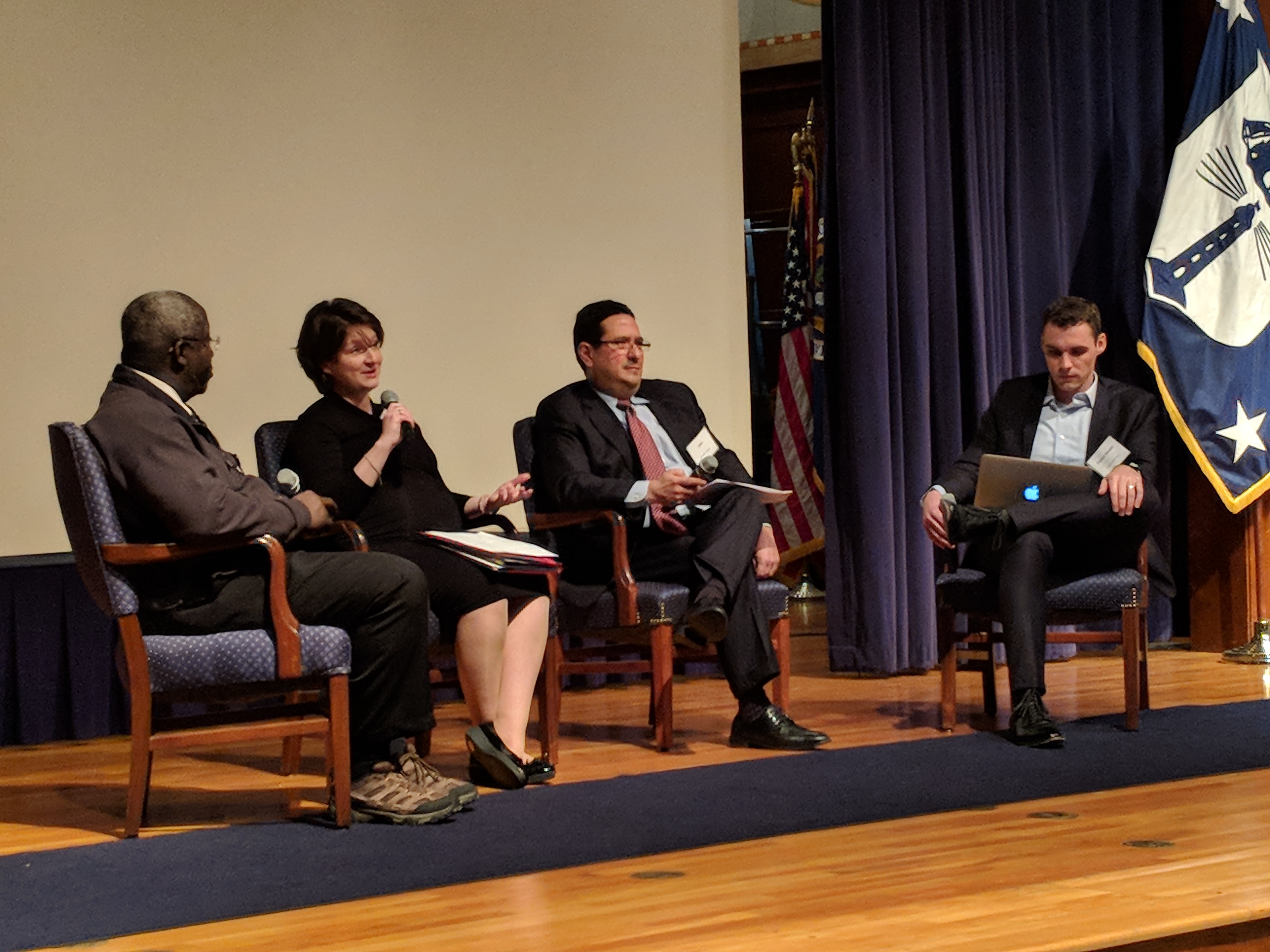 Commerce's National Technical Information Service (NTIS) hosts Data Innovation Day on March 22, 2018. Dr. Henry "Skip" Francis, FDA, Director of the Data Mining and Informatics and Evaluation Research Group in the Office of Translational Sciences (Left); Dr. Caryl Brzymialkiewicz, HHS OIG, Chief Data Officer; David Vargas, OPM, Associate Chief Information Officer, Strategy and Policy; and moderator, Dr. Zach Whitman, U.S. Census Bureau, Chief Data Officer (Right)